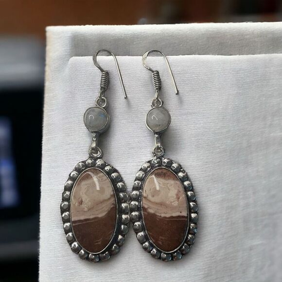 Vintage Brownie Jasper Rainbow Moonstone Drop Dangle Earrings Jewelry 2.48" - Picture 2 of 8